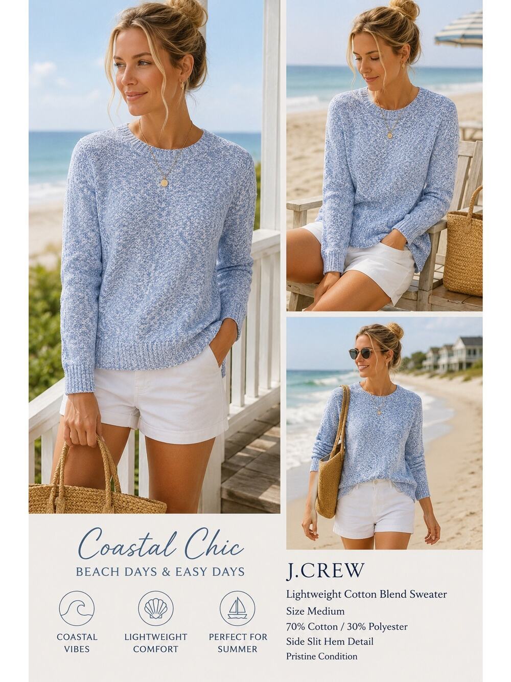 J.Crew Blue White Marled Coastal Cotton Blend Sweater Beachy Summer Lightweight